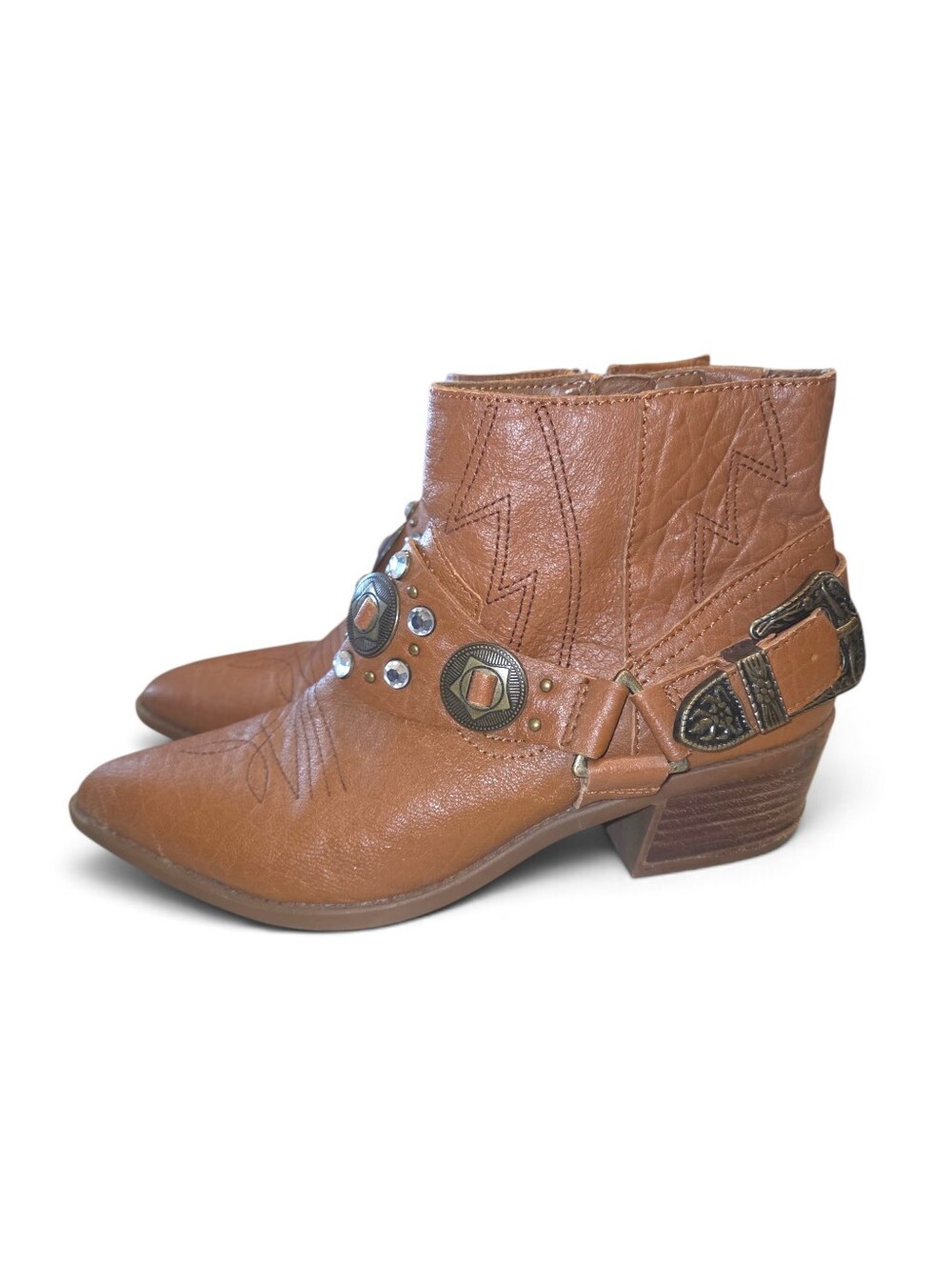 Carlos Santana Marlene Leather Embellished Ankle Boot Size 8 In Cognac